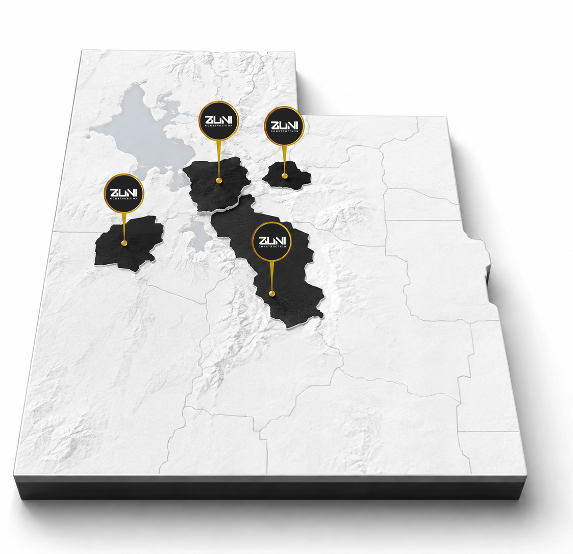 Map of Zuni Construction's painting service area: Utah County, Salt Lake County, Park City, and Tooele